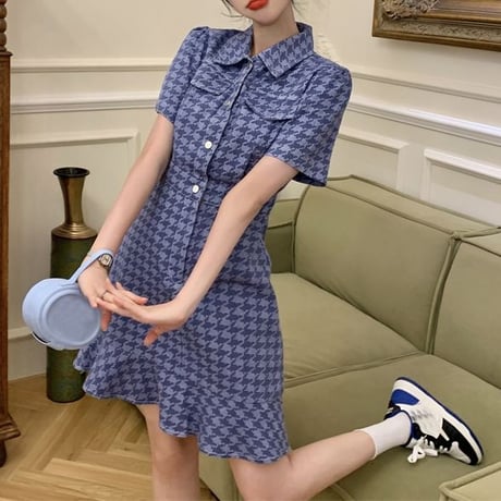 千鳥柄 デニムワンピース フィッシュテール チェック柄 ハイウエスト ミニワンピース 半袖 Aライン レトロ 韓国ファッション レディース 大人可愛い ガーリー DTC-676236464531