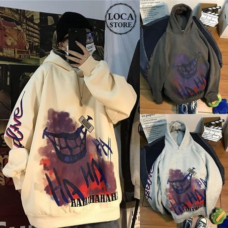 ユニセックス パーカー プルオーバー 裏起毛 韓国ファッション メンズ レディース 落書き ペイント プリント オーバーサイズ ストリート (DTC-607518859009)