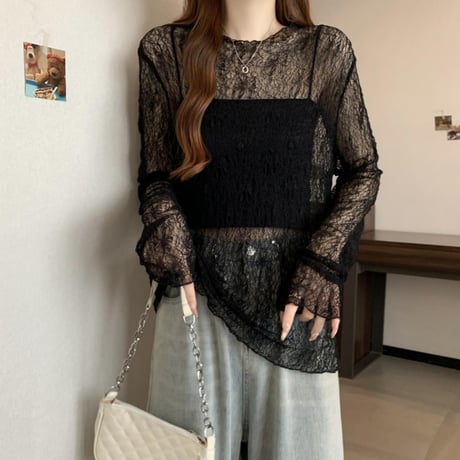 シアートップス レース tシャツ トップス クルーネック UVカット シアーtシャツ ゆったり ルーズ 長袖 レトロ 大人可愛い ガーリー トレンド DTCA-907055529072