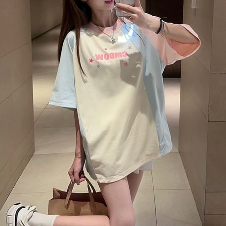Tシャツ バイカラー ラグランスリーブ トップス 半袖 オーバーサイズ レトロ 韓国ファッション レディース 大人可愛い ガーリー カジュアル DTC-810220270153