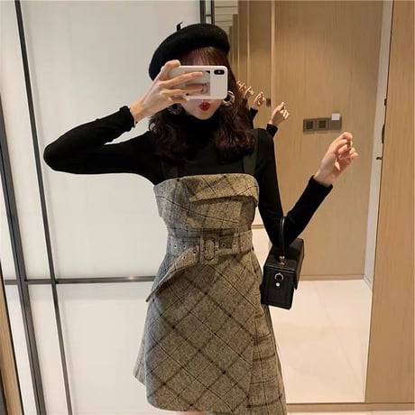 セットアップ トップス ＋ チェック柄 キャミワンピース 韓国ファッション レディース セット ワンピース ミニ丈 ハイウエスト レトロ ガーリー DTC-605189303386