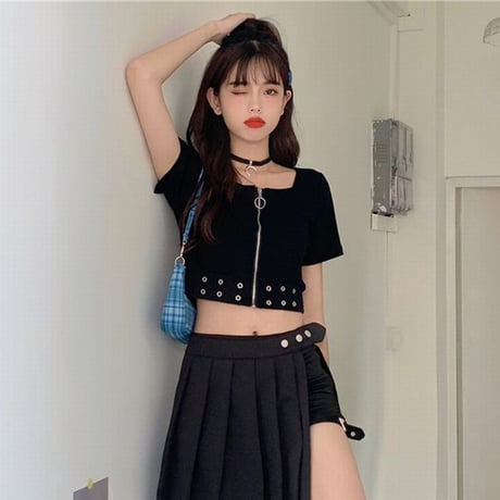 クロップド丈 Tシャツ フロントファスナー ジップアップ トップス ショート丈 スクエアネック 半袖 へそ出し 韓国ファッション レディース カジュアル DTC-674971025180
