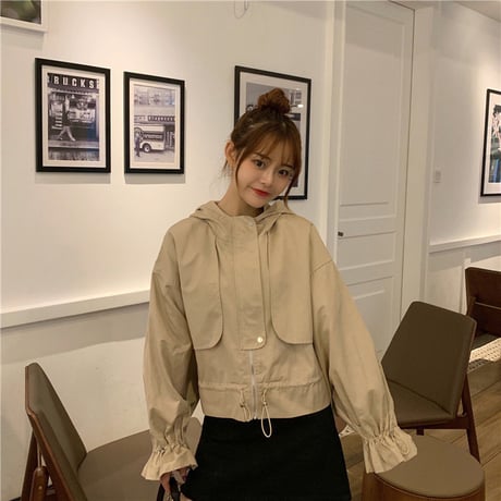 レディース ショートジャケット マウンテンパーカー ブルゾン パーカー ベルスリーブ 春 秋 アウター 薄手 韓国 韓国ファッション (DTC-602065336736)