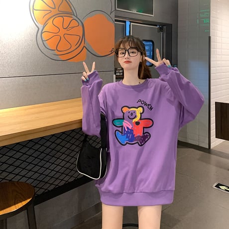 トレーナー 落書き風 クマちゃん プリント ルーズ スウェット 韓国ファッション レディース ラウンドネック 長袖 ガーリー (DTC-624906211705)