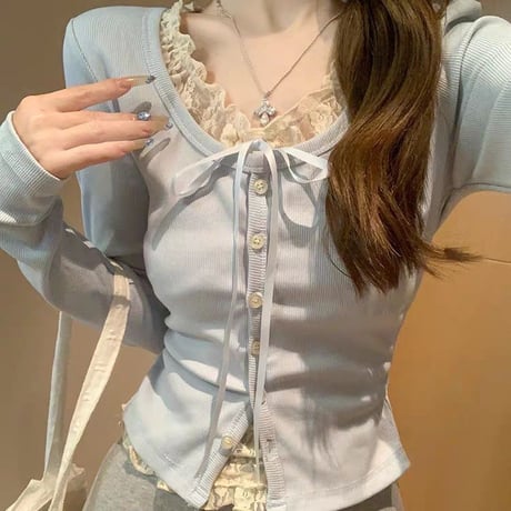 フェイクレイヤード トップス レース フリル リボン tシャツ カーディガン スリムフィット 長袖 レトロ 大人可愛い ガーリー DTCA-900978846986