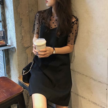 セットアップ 2点セット キャミワンピース ドット柄 レース Tシャツ ノースリーブ 大人可愛い ガーリー 韓国ファッション レディース DCT-621675137865