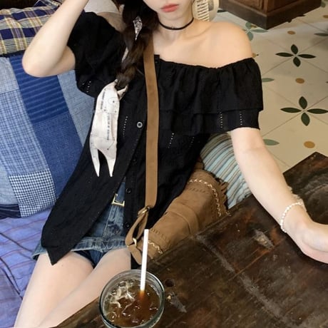 2way フリル ブラウス オフショルダー レース スリムフィット トップス 半袖 レトロ 大人可愛い ガーリー カジュアル DTCA-798480271659