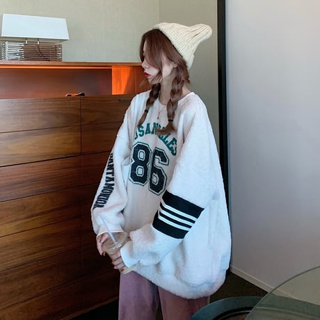 ボアトレーナー ボアトップス もこもこ イミテーションラムウール ルーズ 韓国ファッション レディース ボア ゆったり カジュアル ストリート系 ガーリー DTC-631557083791
