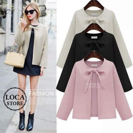 レディース リボン ノーカラージャケット ジャケット カーディガン ショートコート リボン アウター フェミニン フェミニン (DCT-582115392393)
