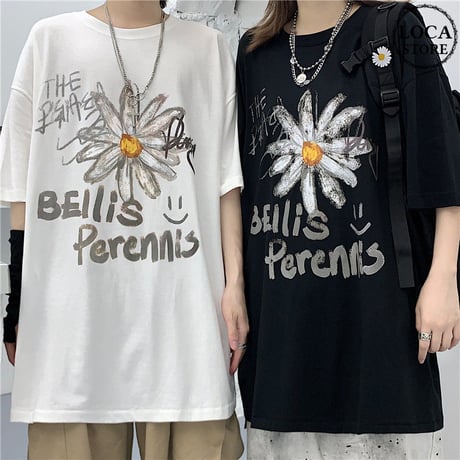 ユニセックス Tシャツ 半袖 メンズ レディース 落書き風 英字 花 フラワー プリント オーバーサイズ 大きいサイズ ルーズ ストリート DTC-615255947278