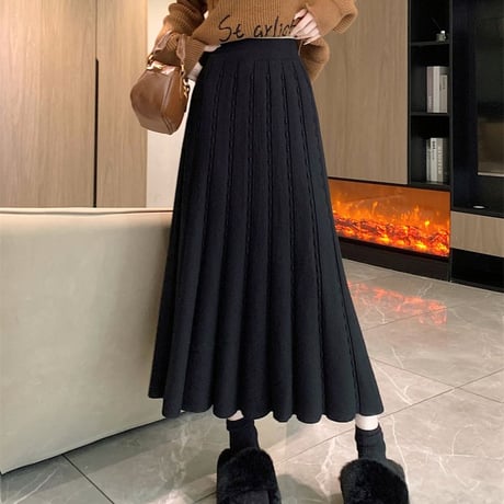 ニットスカート 厚手 マーメイドスカート プリーツスカート ロング丈 ハイウエスト スカート ウエストゴム レトロ 韓国ファッション レディース 大人可愛い ガーリー DTC-756880446087