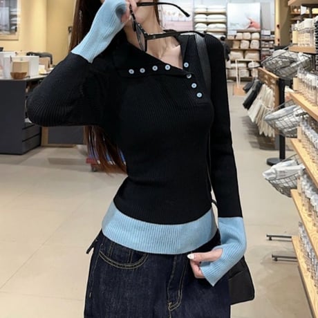 リブニット 配色 カフス バイカラー ニット トップス スリムフィット ニットソー 長袖 レトロ 大人可愛い ガーリー カジュアル DTCA-867144551057