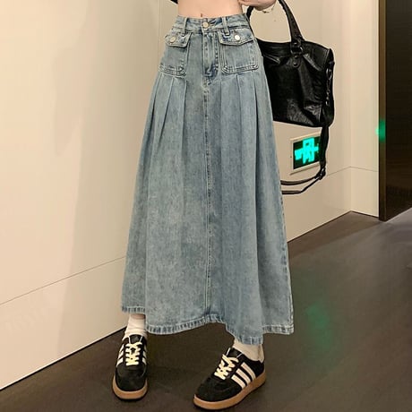 デニムスカート プリーツ ハイウエスト デニムロングスカート Aライン デニム スカート レトロ 韓国ファッション レディース 大人可愛い ガーリー カジュアル DTC-733705362042