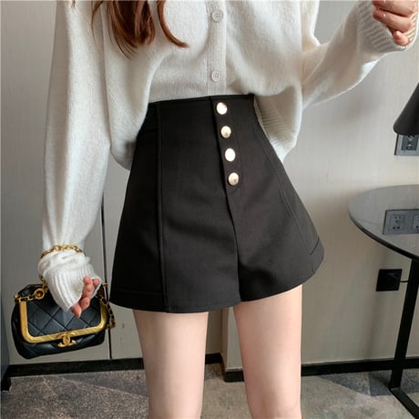 ショートパンツ ハイウエスト ゴールドボタン センタープレス ショーパン レトロ 韓国ファッション レディース 大人可愛い ガーリー DTC-660050274344