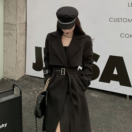 ツーピース ロングコート ＋ ベスト ベルト付き ウール ロング丈 韓国ファッション レディース コート アウター 大人可愛い フォーマル ガーリー DTC-630171040843