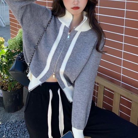 ニットカーディガン ジップアップ ハイネック 配色 カーディガン ニット 長袖 韓国ファッション レディース 大人可愛い ガーリー カジュアル DTC-660368701085