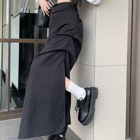 ロングスカート スリット ギャザー ハイウエスト スリム Aライン スカート レトロ 韓国ファッション レディース 大人可愛い ガーリー DTC-704946881913