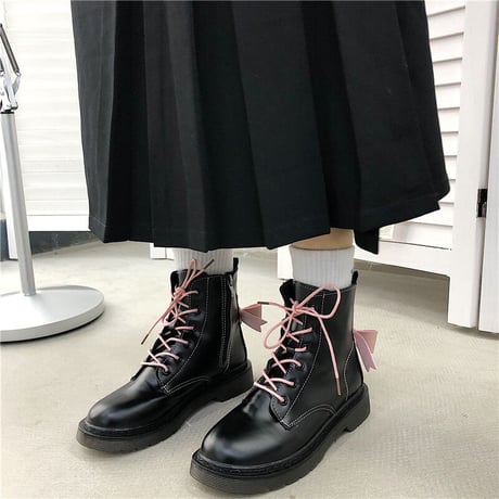 ショートブーツ バックリボン 22.5～24.5cm サイドファスナー シューレース ブーツ 歩きやすい 履きやすい ガーリー DTC-633346516603