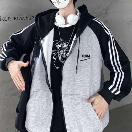 【3カラー】 ユニセックス パーカー ジップアップ バイカラー 裏起毛 ルーズ ライン入り 韓国ファッション メンズ レディース カジュアル ストリート系 DTC-627099735837