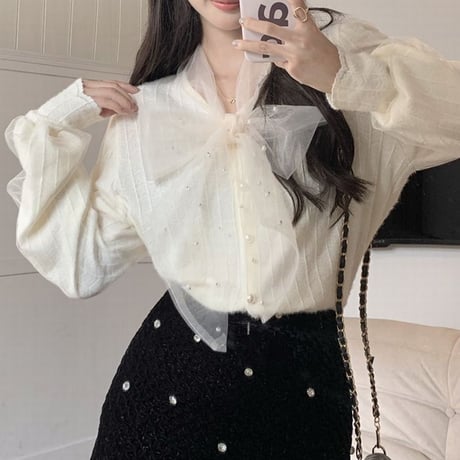 ブラウス リボン チュール ルーズ 長袖 ボウタイリボン シフォン レトロ 韓国ファッション レディース 大人可愛い ガーリー フェミニン DTC-688555494738