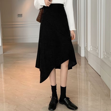 ヘムライン ロングスカート 不規則デザイン アシンメトリー ハイウエスト 韓国ファッション レディース スカート アシメ 大人可愛い ガーリー DTC-624794209402