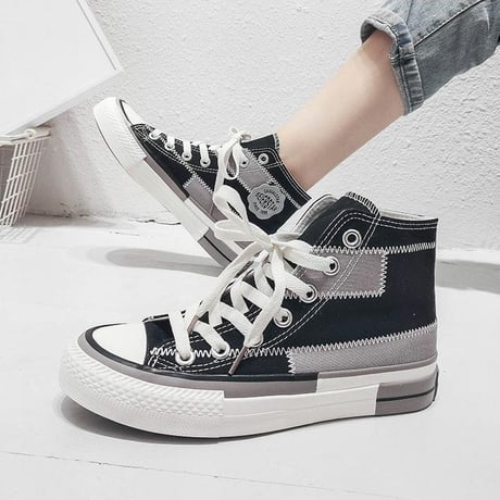 キャンバススニーカー ハイカット 22.5～25.0cm スニーカー シューズ カジュアル パープル ブラック かわいい 歩きやすい DTC-617861690208