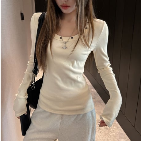 Tシャツ スタッズ付き クルーネック カットソー スリムフィット ロンT トップス プルオーバー 長袖 レトロ 大人可愛い ガーリー カジュアル DTCA-981634076695