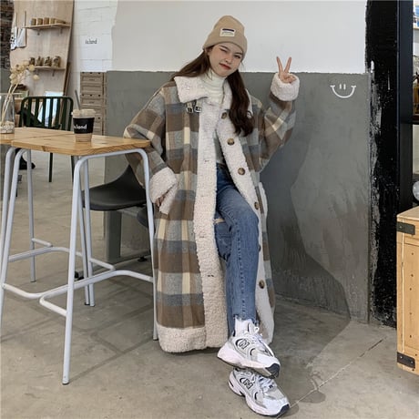 チェック柄 ボアコート ラムウール 韓国ファッション レディース コート 切り替え 折り襟 キルティング フロントボタン シングルブレスト 大人可愛い ガーリー DTC-630519392038