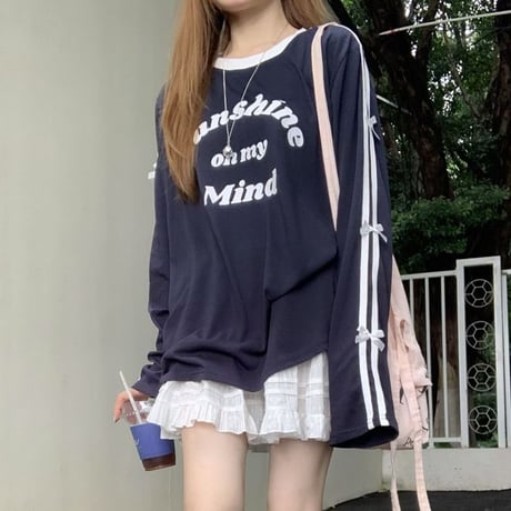袖ライン リボン tシャツ レタープリント オーバーサイズ ロンt サイドライン トップス 長袖 レトロ 韓国ファッション レディース 大人可愛い ガーリー DTC-798807583548