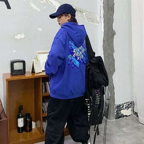 ユニセックス プルオーバー パーカー 裏起毛 韓国ファッション メンズ レディース X文字 バツ プリント オーバーサイズ ストリート DTC-611092783031