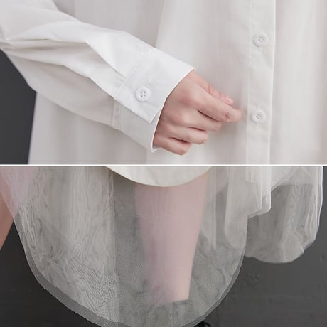 ロングシャツ シャツワンピース チュール シャツ ワンピース アシンメトリー ルーズ 長袖 レトロ 韓国ファッション レディース 大人可愛い ガーリー DTC-653970172988