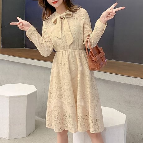 レディース ワンピース ボウタイ レース 総レース レースワンピース ボウタイ リボンミディ丈 大人 上品 大きいサイズ ガーリー 韓国ファッション (DCT-600232513951)