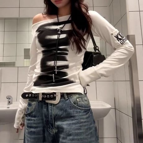 前後2way ロンT ブラッシュプリント オフショルダー カットソー tシャツ トップス スリムフィット タイトフィット レトロ 大人可愛い ガーリー カジュアル DTCA-981680300134