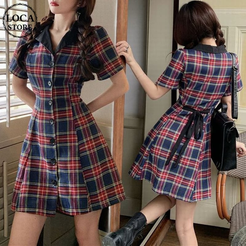 チェック ワンピース 半袖 ウエストリボン ハイウエスト 韓国