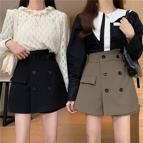 ショートパンツ スカート風 ダブルボタン ハイウエスト ショーパン 韓国ファッション レディース 大人可愛い ガーリー フェミニン DTC-655174488463
