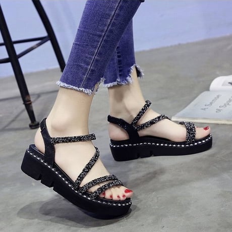 スパンコール 厚底サンダル 22.5～24.5cm プラットフォーム アンクルストラップ オープントゥ ウェッジフラット サンダル 韓国ファッション レディース DCT-670426623868