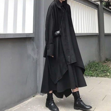 アシンメトリー ロングシャツ 長袖 ルーズ 韓国ファッション レディース シャツワンピース シャツ アシメ 不規則デザイン 暗黒系 ドルマンシャツ ガーリー DTC-601048675644