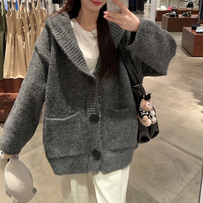 フード付き ニットカーディガン 大きいボタン ニット シングルブレスト