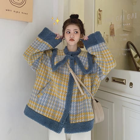 ボアブルゾン チェック柄 大きい襟 韓国ファッション レディース ジャケット ショートコート ボア ボアジャケット ガーリー (DTC-608932491876)