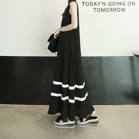 マキシ丈ワンピース ノースリーブ ゆるワンピース フレアワンピース モーダル 裾ライン レトロ 韓国ファッション レディース 大人可愛い ガーリー オルチャン DCTA-571454170845