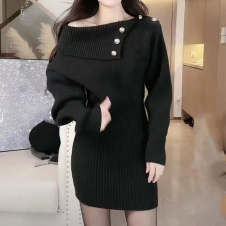 ニットワンピース オフショルダー タイト ゴールドボタン リブワンピース ミニワンピース 長袖 レトロ 大人可愛い ガーリー DTCA-965955543768
