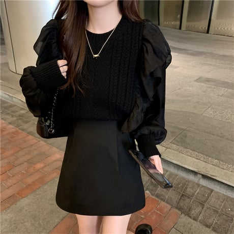 ニットソー ラッフル シースルースリーブ ドッキング 切り替え ニット トップス 透け感 長袖 薄手 レトロ 韓国ファッション レディース 大人可愛い ガーリー DTC-655645457250