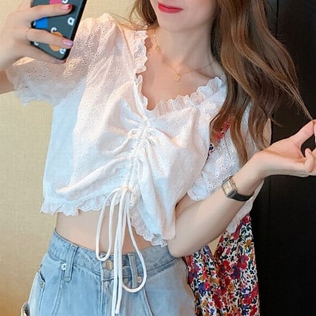 ドローストリング ブラウス フリル レース パフ袖 へそ出し Vネック 半袖 韓国ファッション レディース トップス 薄手 ショート丈 大人可愛い ガーリー  DTC-642653119312