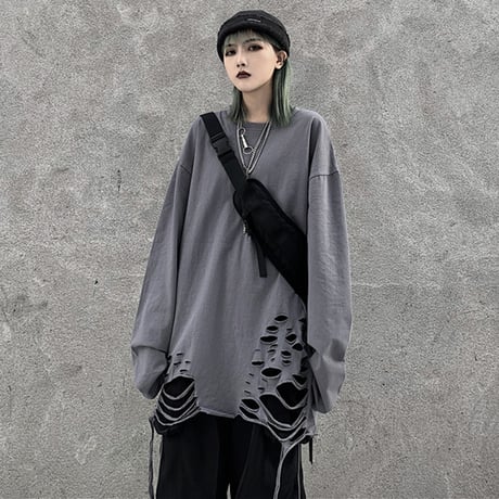 ユニセックス Tシャツ 長袖 ダメージ加工 無地 ロンT オーバーサイズ 韓国ファッション メンズ レディース 韓国ストリートファッション DTC-607044830886
