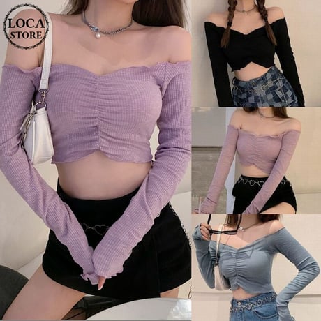 オフショル カットソー 長袖 ショート 韓国ファッション レディース トップス へそ出し Tシャツ オフショルダー Vネック スタイルアップ 大人可愛い ガーリー DTC-625937979040