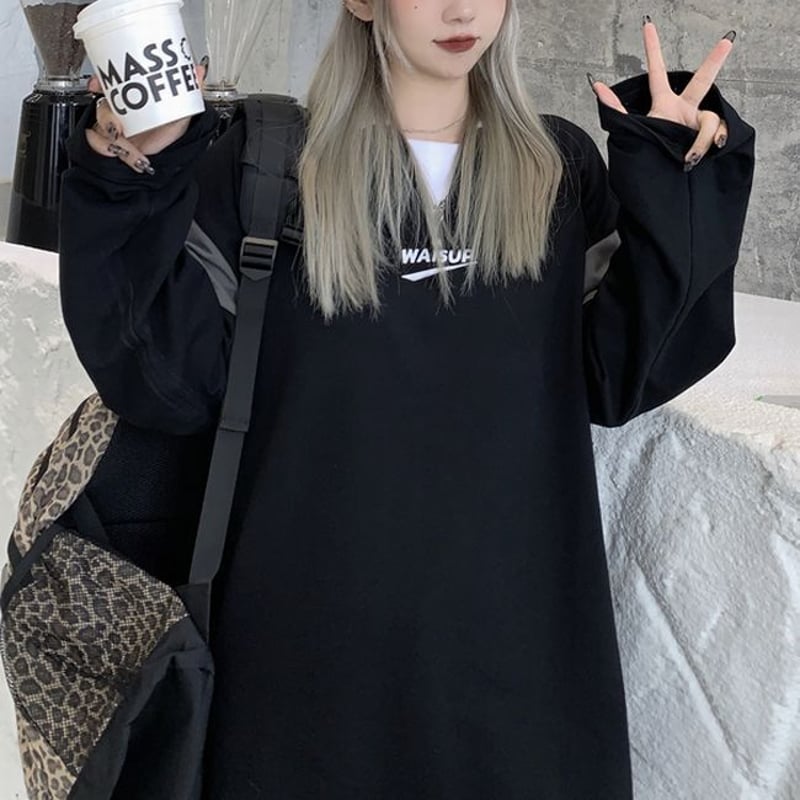 ポロカラー プルオーバー 長袖 ワンポイント 冬 韓国 2色 hr7469 ユニセックス バイカラー ポロシャツ 長袖 オーバーサイズ 韓国