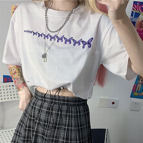 【3カラー】 Tシャツ バタフライ柄 半袖 コードストッパー 裾絞り クロップド丈 ショート丈 韓国ファッション レディース カジュアル 韓国ストリートファッション DTC-619665826393
