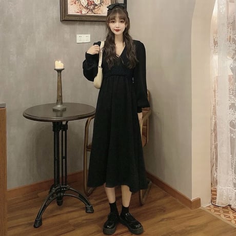 ワンピース Vネック 長袖 ハイウエスト ルーズ 韓国ファッション レディース ランタンスリーブロング丈 秋冬 ゆったり 大人可愛い ガーリー DTC-631969939063