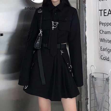 セットアップ ミリタリー風 ショートシャツ プリーツ ミニスカート ネクタイ ベルト 長袖 ハイウエスト レトロ 韓国ファッション レディース ゴシック モード系 DTC-651778269970