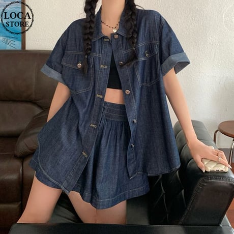 セットアップ デニムシャツ デニムショートパンツ 半袖 パンツスーツ ゆったり デニム レトロ 韓国ファッション レディース 大人可愛い ガーリー カジュアル DTC-675222209220